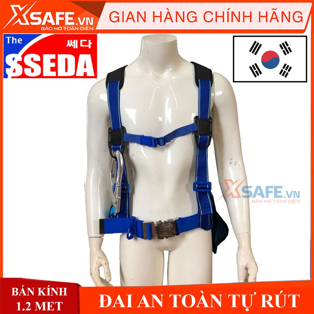 Dây đai an toàn bán thân SSEDA 1 móc nhôm tự rút kèm giảm sốc, khóa an toàn 2 cấp, sợi cường lực bền bỉ, nút bấm rút