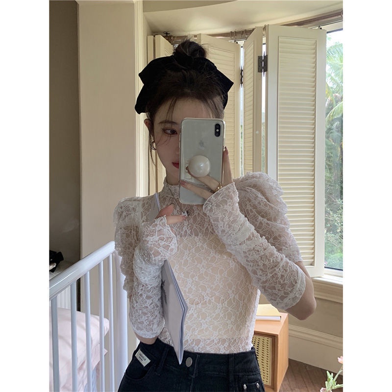 Cổ Phiếu Sẵn Sàng❤Ah F &amp; X Áo Sơ Mi Voan Mỏng Tay Phồng Cổ Tròn Phối Ren Phong Cách Pháp Thời Trang Mùa Hè Cho Nữ