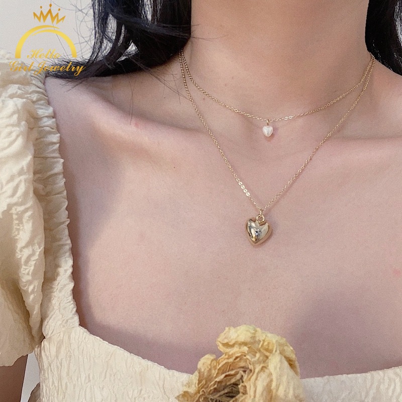 Dây chuyền hai lớp bằng hợp kim mặt dây hình trái tim đính đá xinh xắn cho nữ