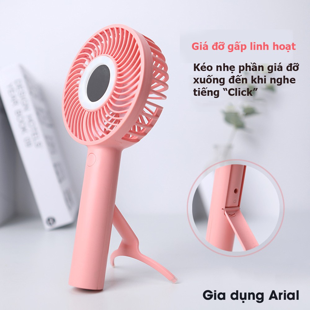 Quạt cầm tay MIRROR-FAN pin 1200 mAh có đèn LED và gương trang điểm thời gian sử dụng 200 phút