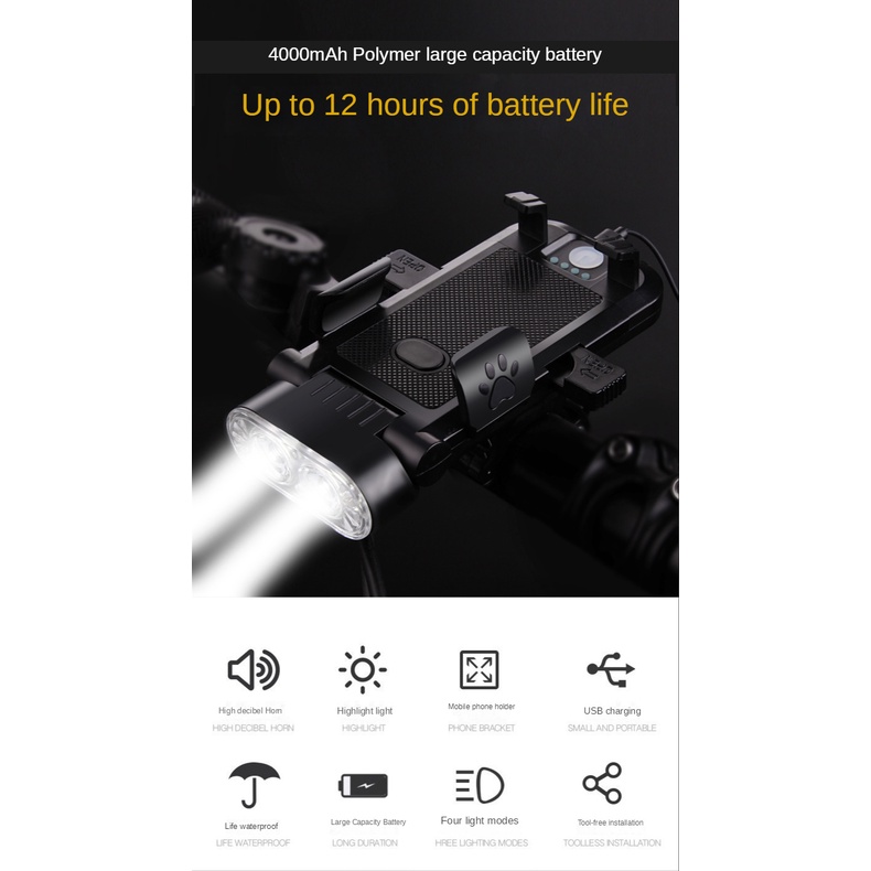 Đèn Pin 4000mAh 4 Trong 1 Tích Hợp Giá Đỡ Điện Thoại Và Còi Sạc USB Dành Cho Xe Đạp