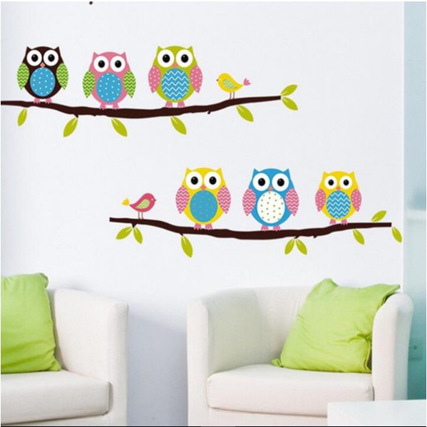 Decal trang trí tường - Cành Cây và Bày Chim Cú Sắc Màu