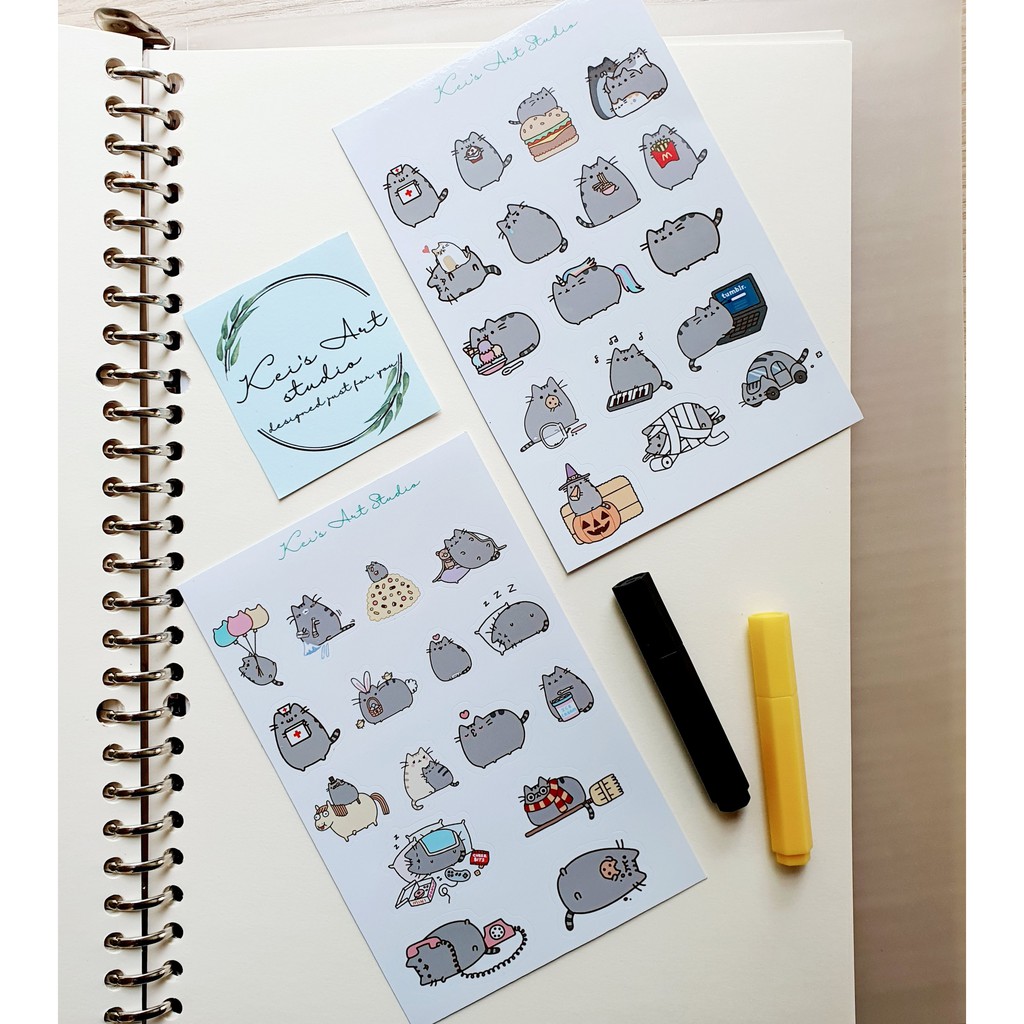 Set 4 tờ sticker mèo pusheen cat, mèo mập xám nhiều biểu cảm dễ thương trang trí sổ