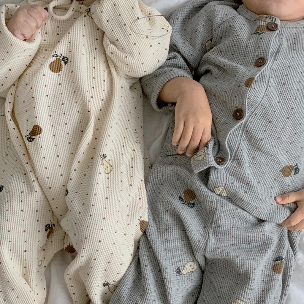 Bộ Áo Liền Quần + 1 Mũ Vải Cotton In Họa Tiết Trái Cây Hoạt Hình Dễ Thương Thời Trang Mù