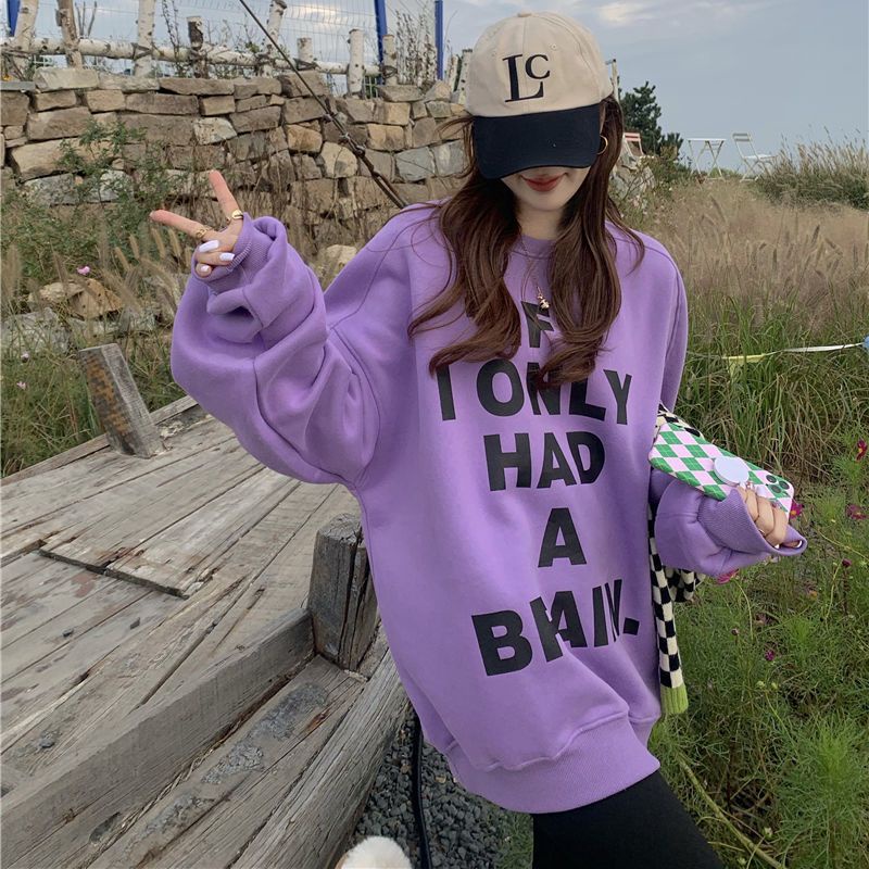 Áo Thun Nỉ Dài Tay Dáng Rộng In Chữ Phong Cách Hàn Quốc Thời Trang Mùa Đông Mới Cho Nữ