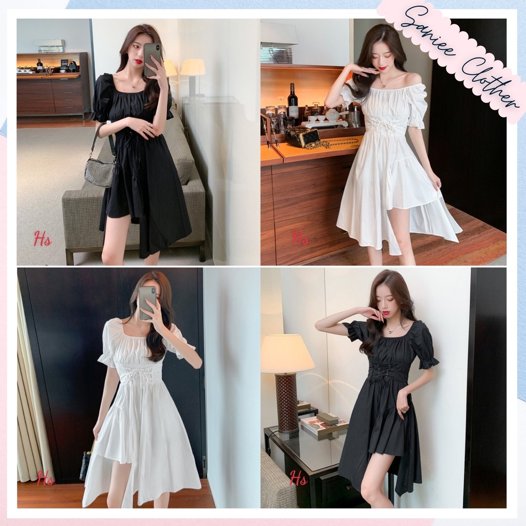 Váy Nữ Dáng Xòe Chữ A Đan Dây Lệch Tầng Xẻ Tà Tay Bồng Chất Thô Saniee Clother | BigBuy360 - bigbuy360.vn