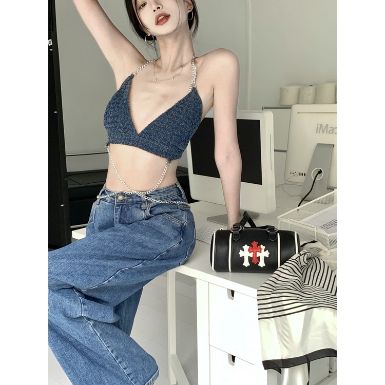 QKOOLE Áo tank top Cổ Chữ V Phối Dây Xích Phong Cách Thời Trang Hàn Quốc Dành Cho Nữ