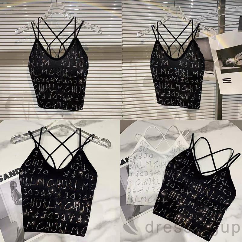 Áo Hai Dây Mỏng Hở Lưng In Chữ Đính Đá Cho Nữ