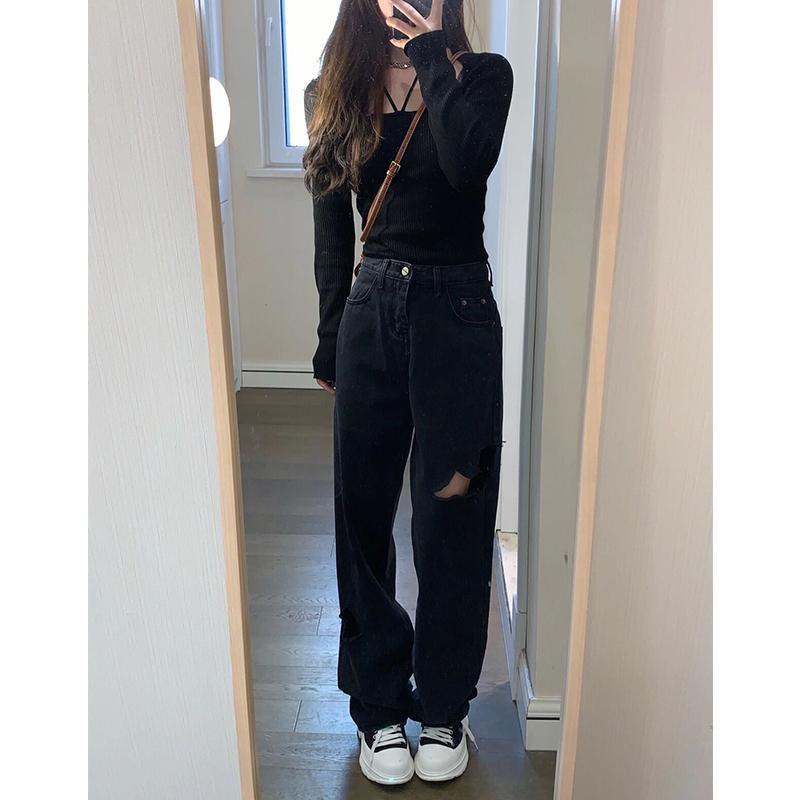 ✙♚✌Quần Jean Đen Ống Rộng Lưng Cao Rách Gối Thời Trang Xuân Hè 2022 Cho Nữ