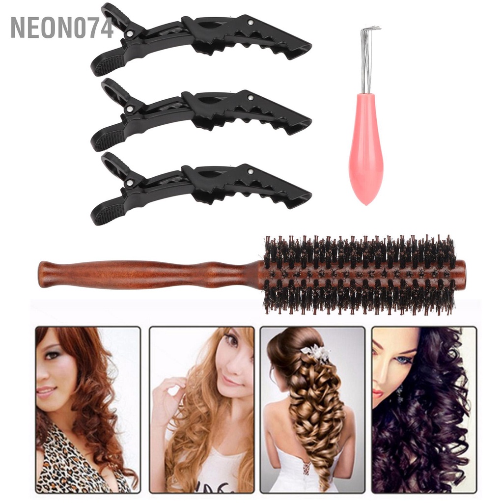 Neon074 Bàn chải tròn Wodden lông Bộ bàn tóc Thổi khô vịt kẹp mỏ
