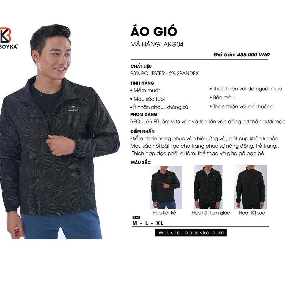 ÁO KHOÁC GIÓ NAM BABOYKA IN HỌA TIẾT, ÁO CÓ 2 LỚP GIÓ VÀ LỚP LÓT LƯỚI [AKG435]