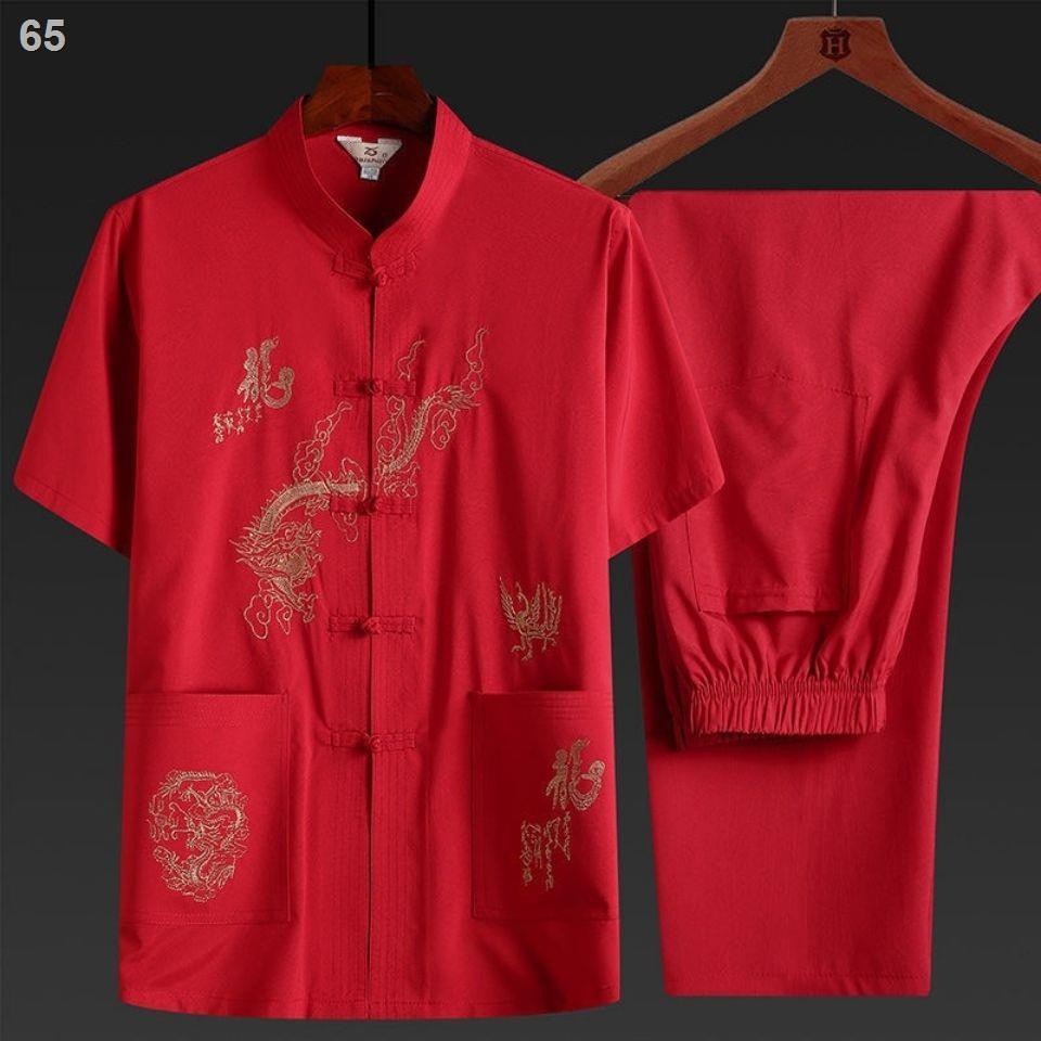 Tang suit nam mùa hè băng lụa ngắn tay quần áo giới cao tuổi Trang phục cha Hanfu trọn bộ dân tộcO