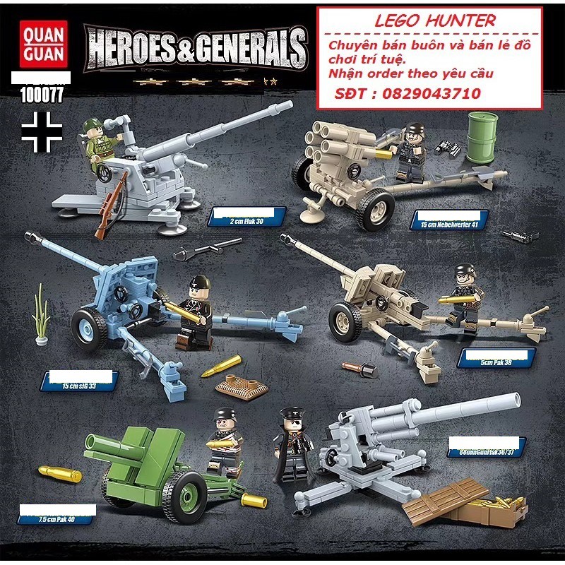 Bộ lắp ráp Lego Army Military : Pháo các loại WW2 QG100077 Flak30 36/37 Pak30 40 Nebelwefer 41 của Đức Quốc Xã