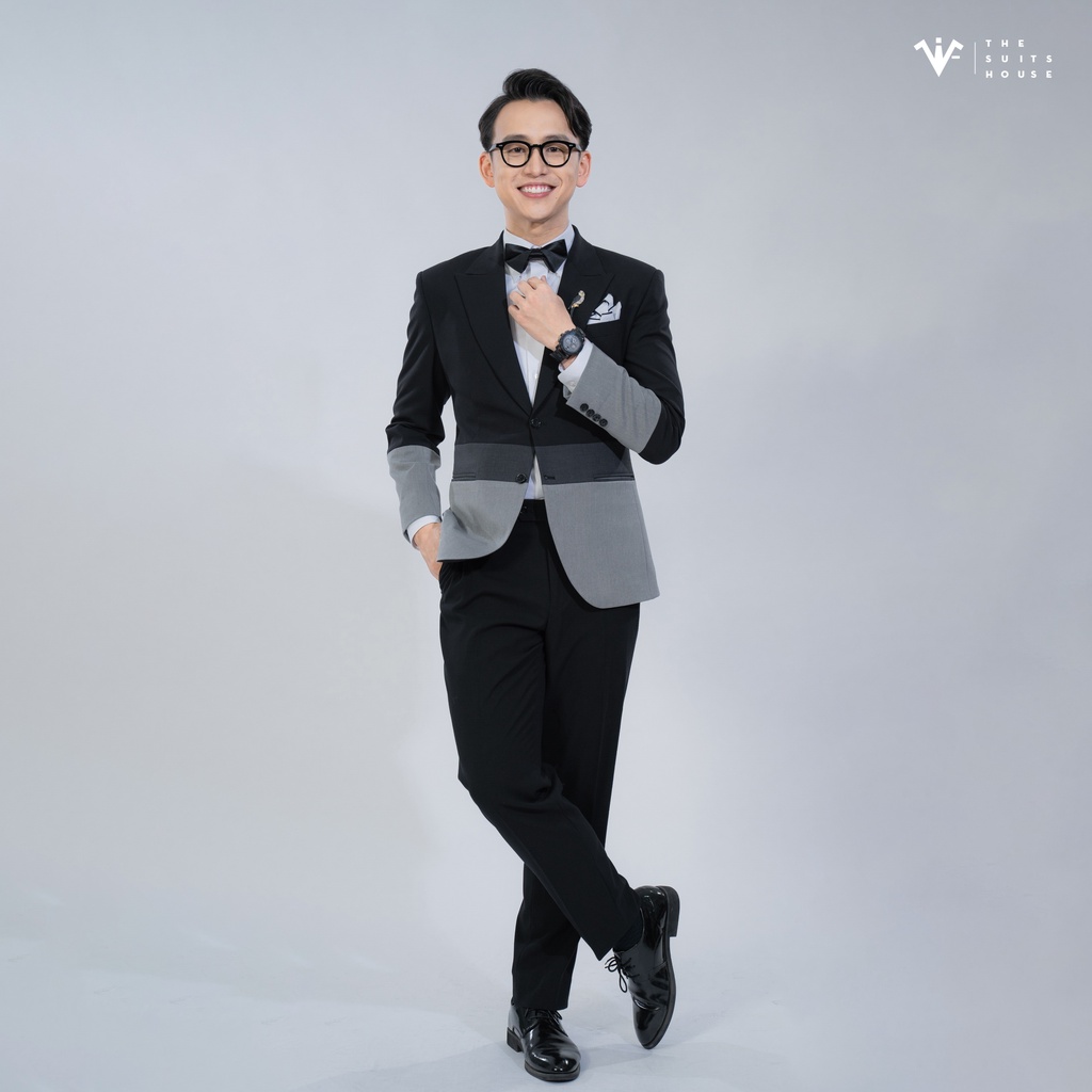 Bộ vest nam đen phối màu 2 khuy 2 túi chất Cashmere pha Poly The Suits House