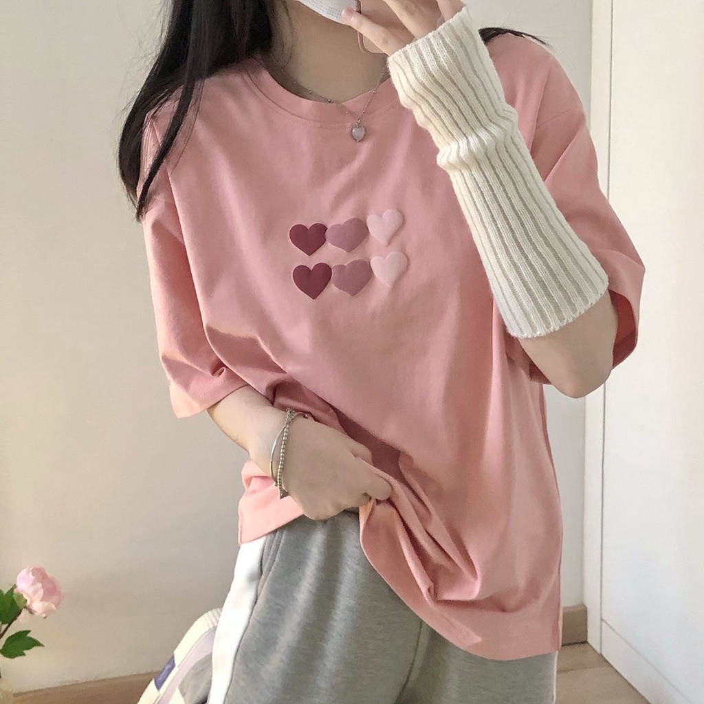 Áo Thun Tay Lỡ Dáng Rộng In Họa Tiết Trái Tim Thời Trang Mùa Hè Cho Nữ JH-TX-272