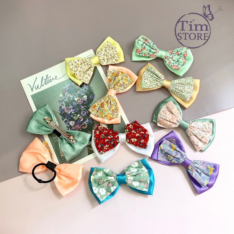 Kẹp tóc nơ hoa phối satin handmade cao cấp TÍM  STORE phụ kiện búi tóc nữ phong cách hàn quốc