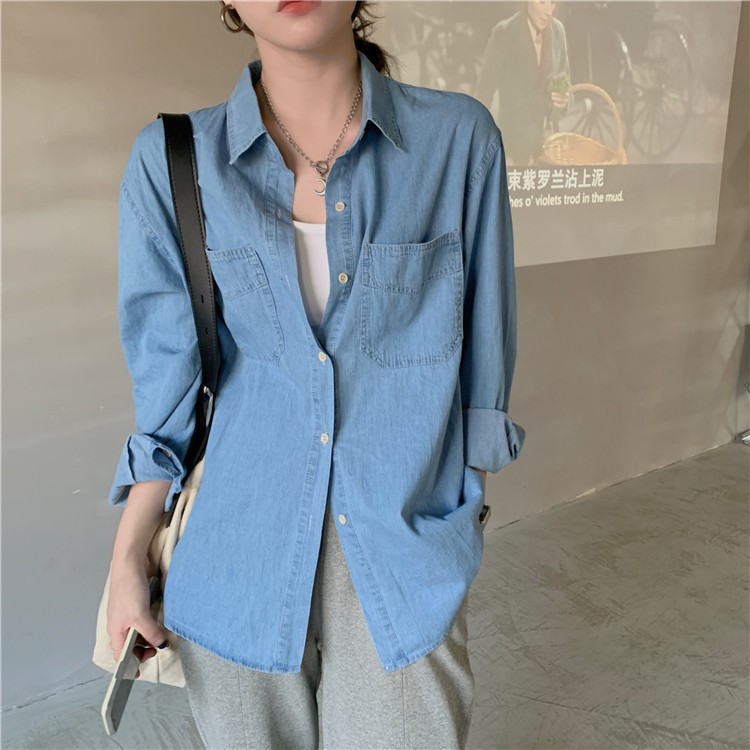 Áo Sơ Mi Denim Xiaozhainv Tay Dài Dáng Rộng Kiểu Hàn Quốc Dễ Phối Đồ Cho Nữ