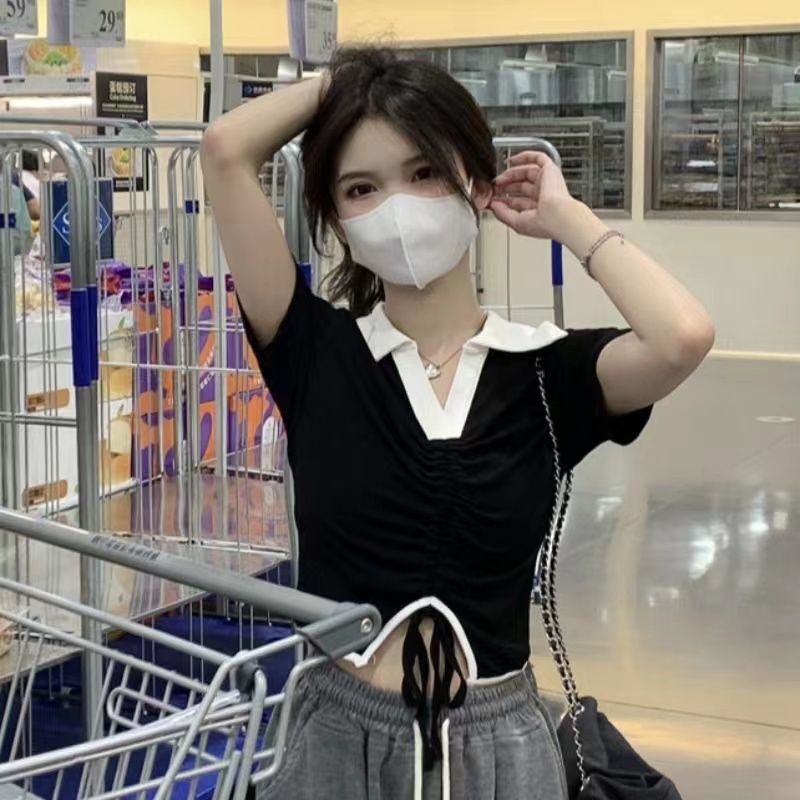 Áo Thun Đen Tay Ngắn Phối Dây Rút Thời Trang Mùa Hè 2022 Cho Nữ