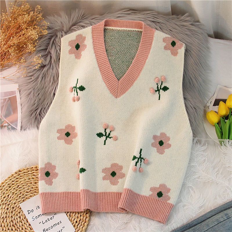 Áo Len Dệt Kim Không Tay Dáng Rộng Cổ Chữ v In Hoa Nhiều Lớp Thời Trang Mới Cho Nữ