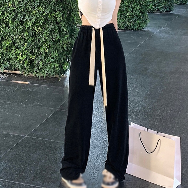 Quần dài lưng cao màu trơn phối dây rút ống rộng thời trang dành cho nữ