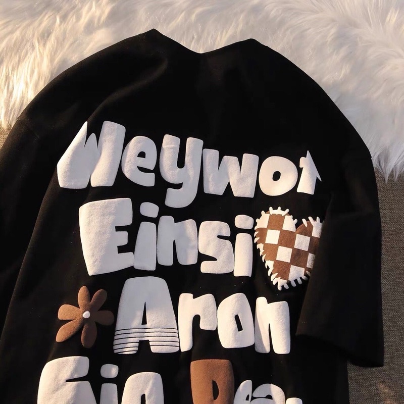 Áo Thun Tay Lỡ Unisex ARON chữ in nổi màu ĐEN/KEM 🖤 /Nam nữ unisex/ Áo phông cổ tròn form rộng style Ulzzang 🖤