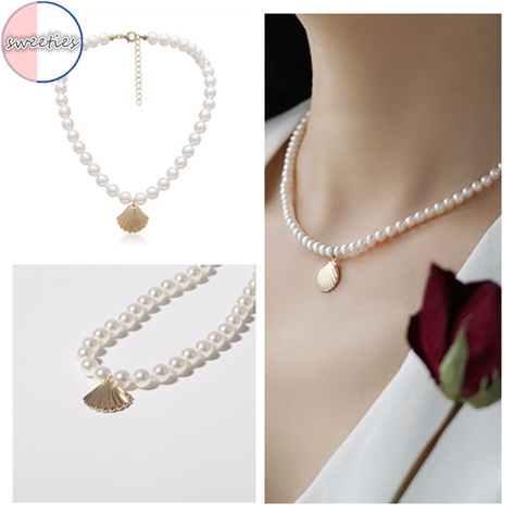 [Mã FACBHOT55 giảm 10K đơn bất kì] woman fashion elegant pearl shell pendant necklace Golden Alloy Collar Choker jewelry