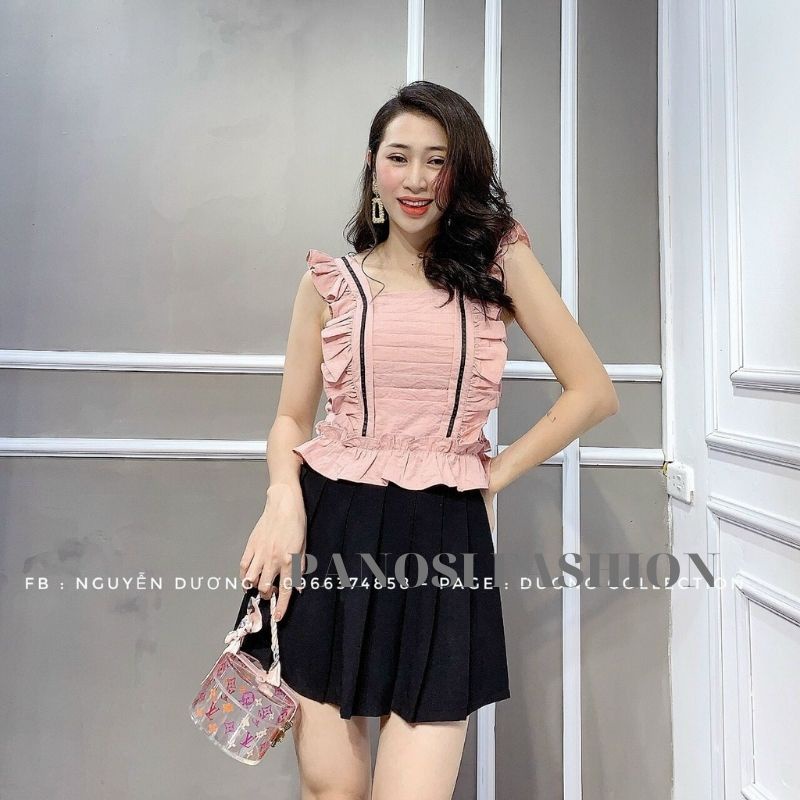 Áo kiểu nữ sát nách họa tiết xếp ly cánh tiên chất đũi mền mát PANOSI - Mã A619