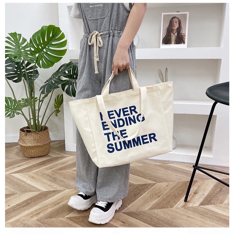 Túi tote túi vải canvas Never Ending phong cách Hàn quốc có khóa miệng ngăn phụ bên trong thời trang ulzzang-Haka store