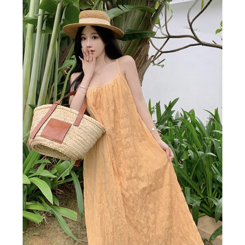 [Augustcloth] Đầm/ Váy đi biển xếp ly nhỏ 2 dây hở lưng phong cách Hàn Quốc