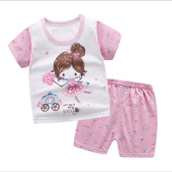 Đồ bộ bé gái KIXI set quần áo cộc tay cotton hình công chúa co giãn siêu mát bộ quần áo cho bé gái CMQA06