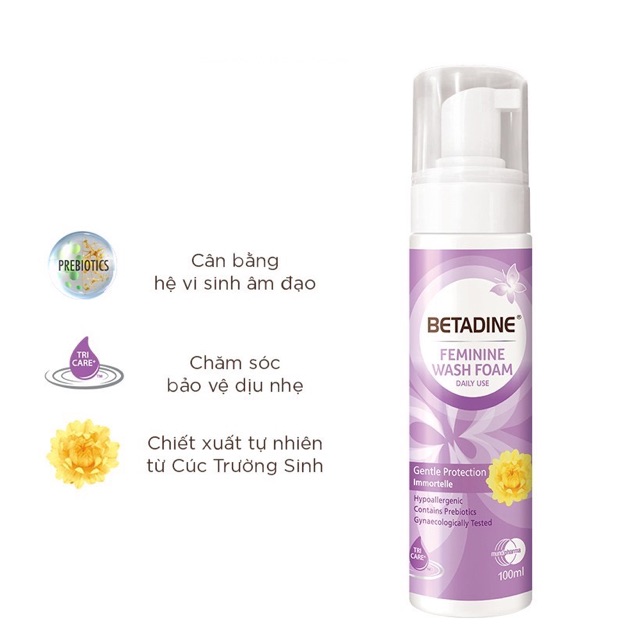 Bọt vệ sinh phụ nữ Betadine (CHÍNH HÃNG) (Tím, hồng, xanh) Chai 100ml - An toàn, giảm ngứa, mùi hôi, huyết trắng