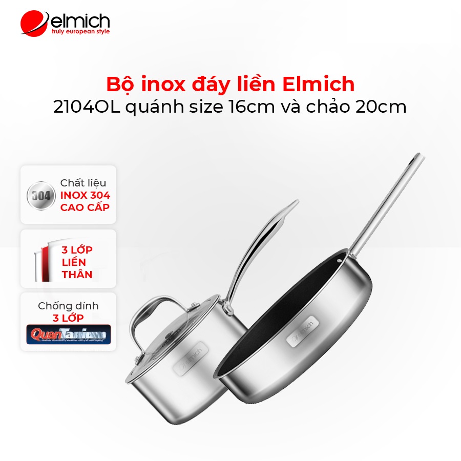 Bộ Quánh Chảo inox đáy liền Elmich Tri-max 2104OL size 16cm và 20cm