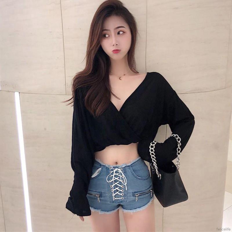 Áo croptop cho nữ cổ V tay dài suông màu kiểu dáng hợp thời trang