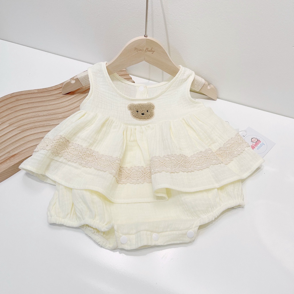 Bộ romper vải xô muslin đính gấu dễ thương cho bé QA26 Mimo Baby