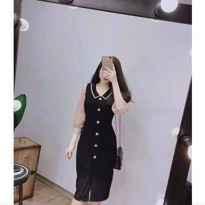 Đầm body nữ tay lưới đính nút cát Hàn