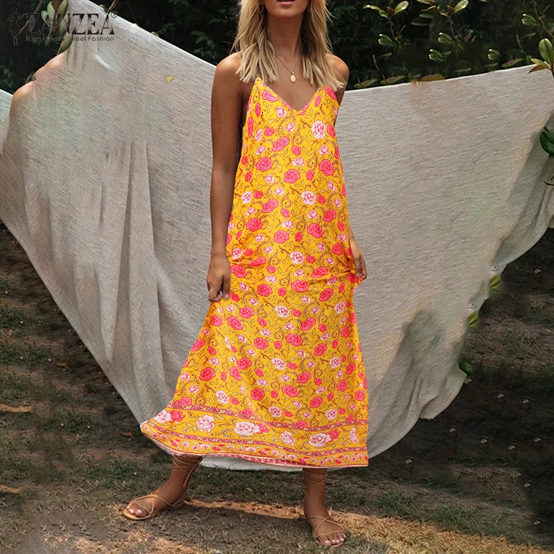 Đầm hai dây Zanzea dáng dài cổ chữ V in họa tiết phong cách Tây Âu trẻ trung thời trang cho nữ