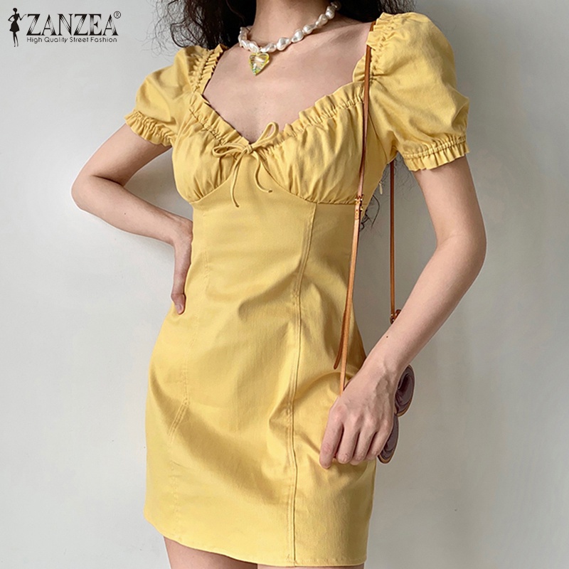 Zanzea Đầm Tay Phồng Ngắn Cổ Vuông Phong Cách Hàn Quốc Thời Trang Cho Nữ