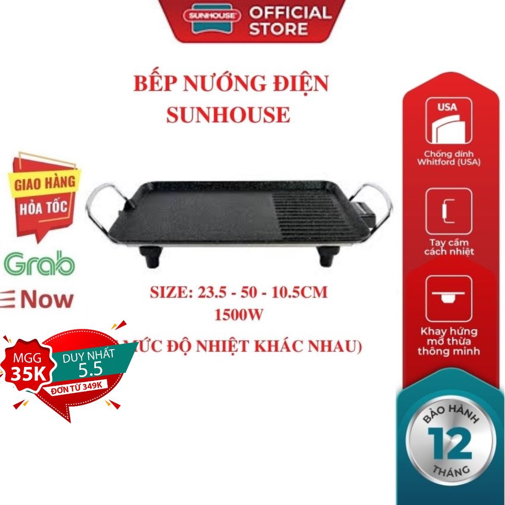 Bếp nướng điện không khói SUNHOUSE SHD4607-2022 công suất 1500W tiện lợi nướng đồ ăn tại nhà dễ dàng tháo lắp vệ sinh