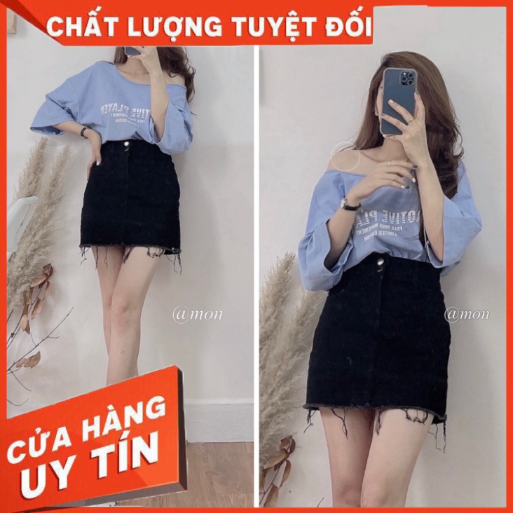 2101303 Chân váy bò ulzzang co giãn chất jeans mềm có lót trong màu đen trơn có size - Hàng nhập khẩu