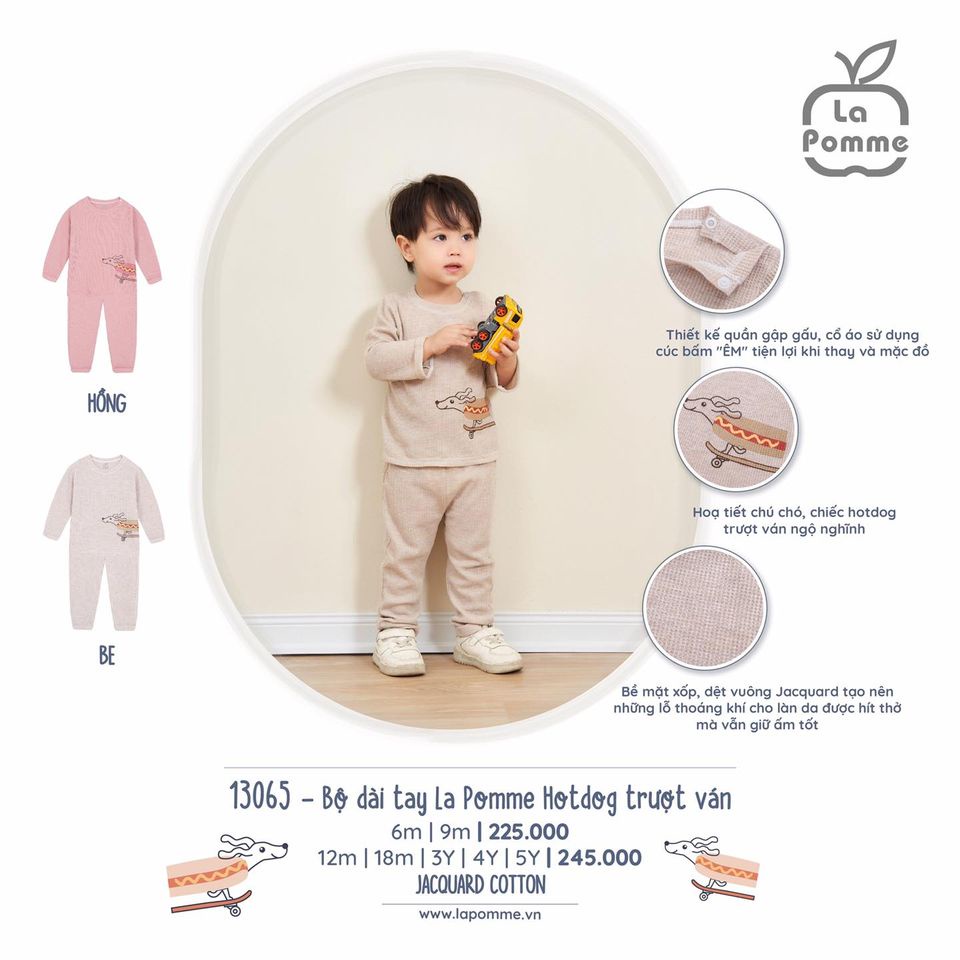 Bộ quần áo La Pomme dài tay Cotton cao cấp mềm mịn mát thấm hút tốt in chó lụm bánh hotdog cho bé trai bé gái 13065