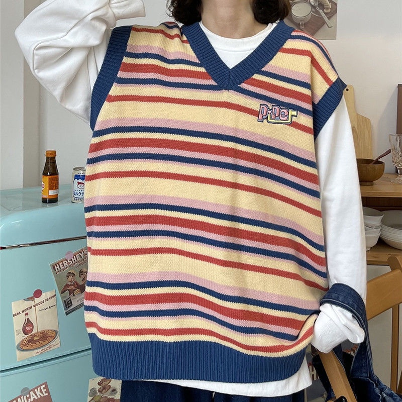Áo Dệt Kim Sát Nách Cổ Chữ V Dáng Rộng Kẻ Sọc Ngang Màu Sắc Trẻ Trung Phong Cách Hàn Quốc Cho Bạn Gái