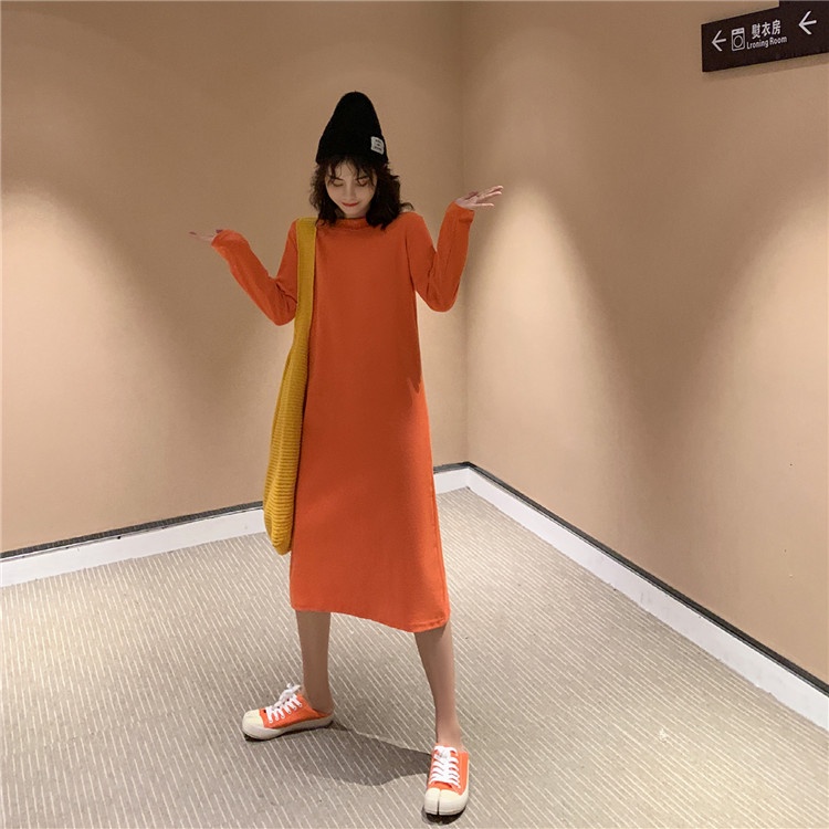 Áo Thun Tay Dài Dáng Rộng Màu Trơn Dài Qua Gối Thời Trang Mùa Thu Cho Nữ