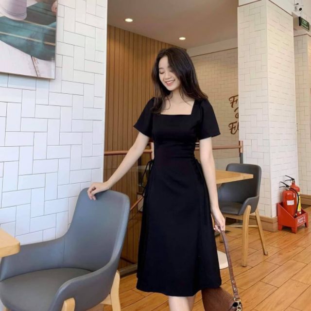 Đầm trắng midi dây rút eo dự tiệc thiết kế