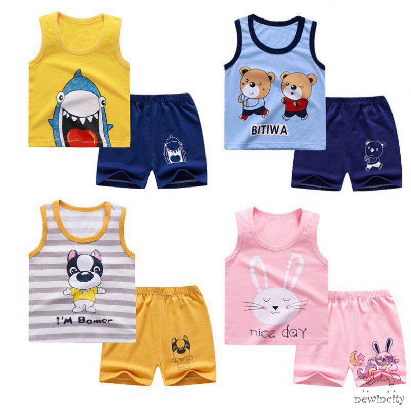 Bộ áo thun 3 lỗ + quần short họa tiết hoạt hình phong cách hè cho bé