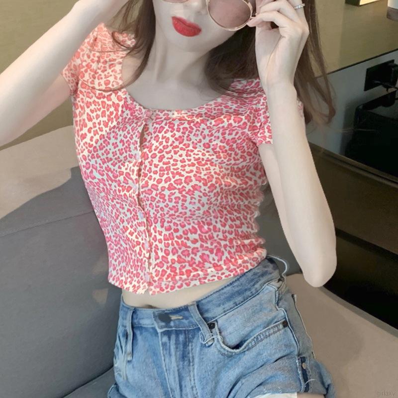 Áo Lửng Tay Ngắn Họa Tiết Da Báo Thời Trang Quyến Rũ Cho Nữ