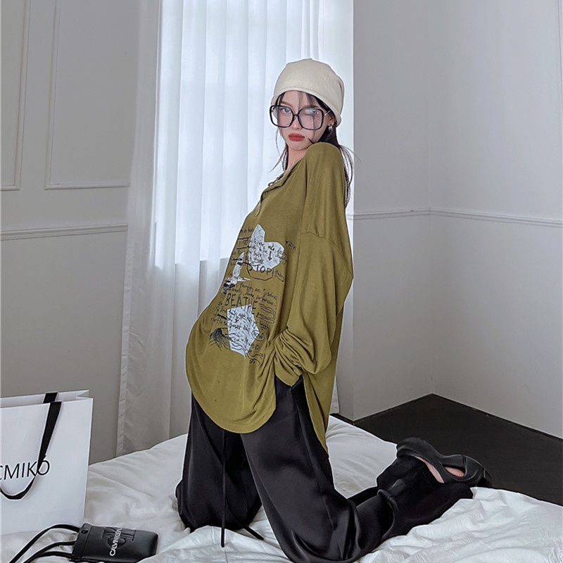 Áo Thun Dài Tay Dáng Rộng Vải Mỏng In Họa Tiết Thời Trang Dành Cho Nữ