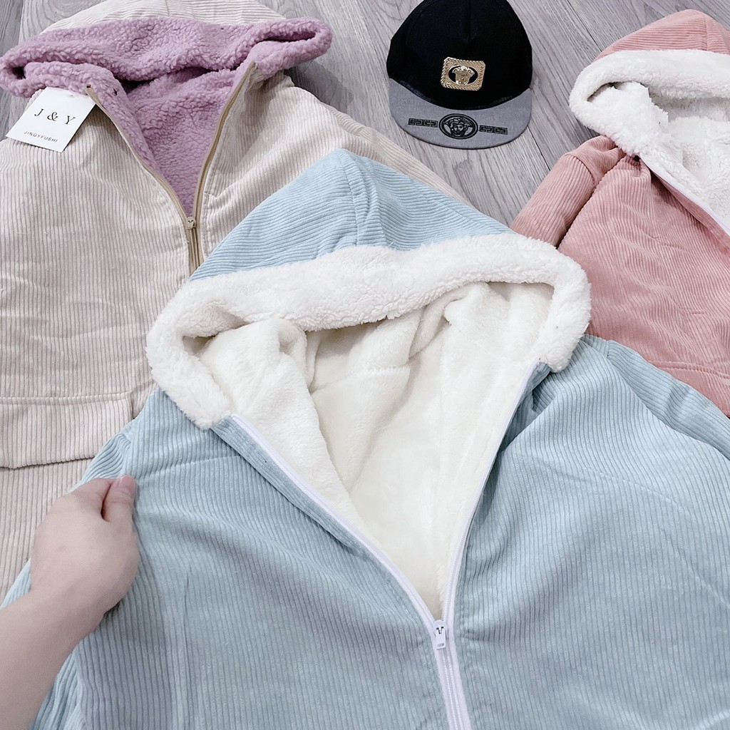 Áo Khoác Nữ Lót Lông 2 Lớp,Áo Khoác Nhung Tăm Khóa Kéo Có Mũ Kiểu Dáng Hàn Quốc Cực Xinh | BigBuy360 - bigbuy360.vn