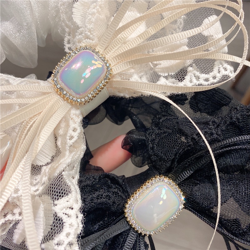 Băng Đô Cài Tóc Hình Nơ Phối Ren Đính Ngọc Trai Nhân Tạo Phong Cách Hàn Quốc Cho Nữ