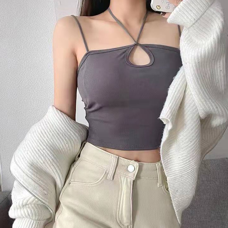 Brroa Áo Crop Top Hai Dây Cotton Cơ Bản Với Đệm Ngực Khoét Lỗ Khóa Chéo Màu Trơn Gợi Cảm Cho Nữ