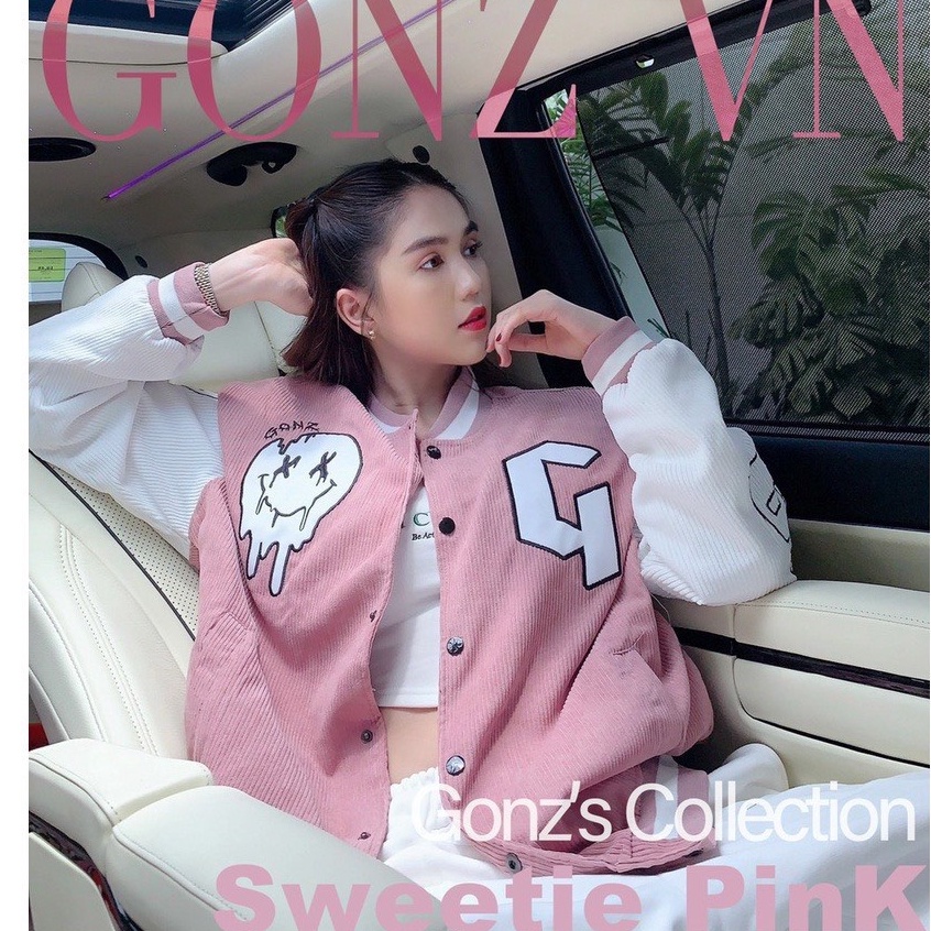 Áo Varsity Jacket Unisex Form rộng nhung tăm 2 lớp Hình thêu 100% Áo khoác bomber nữ Gonz Bóng chày màu hồng